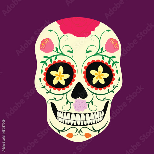 Sugar Skull flat vector in cartoon style. Day of the Dead concept. Dia De Los Muertos