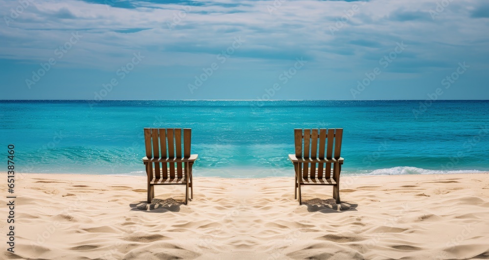 Illustration of two chairs on the beach sand, sea in the background. Generative AI