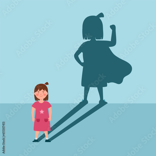 Self confidence kids in flat design. Cute girl child leader.
