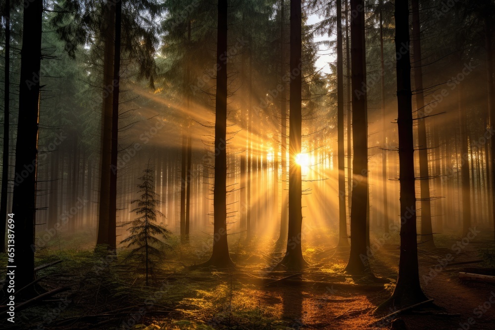 Magical sunset in the forest with the sun's rays penetrating through the trees