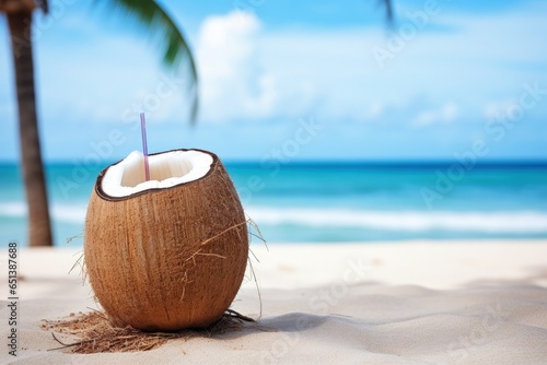 Illustration of a dry coconut opened with a straw on the beach sand, sea in the background. Generative AI
