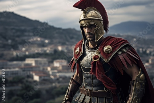 Roman soldier with armor and helmet, city in the background. Generative AI