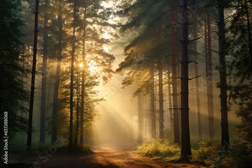 Magical sunset in the forest with the sun s rays penetrating through the trees