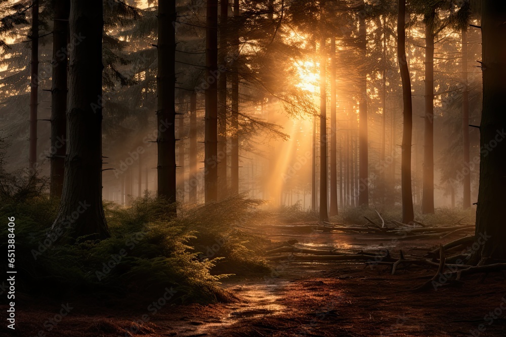 Obraz premium Magical sunset in the forest with the sun's rays penetrating through the trees