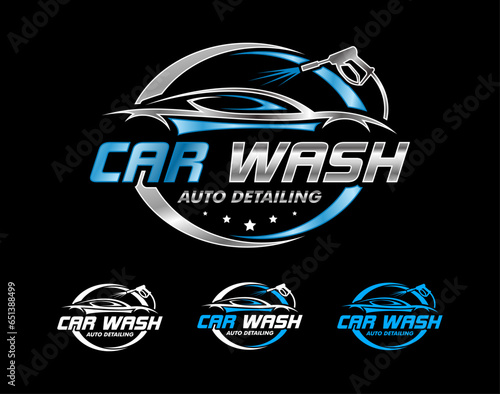 car wash Auto detailing vector logo Carwash spa Automotive automobile logo design template blue white, silver  isolated on a dark background.