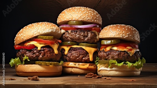 Three burgers with  a bun on  the top of them