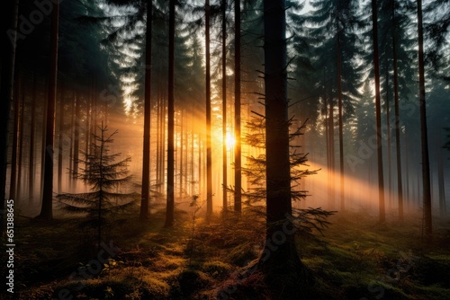 Magical sunset in the forest with the sun's rays penetrating through the trees
