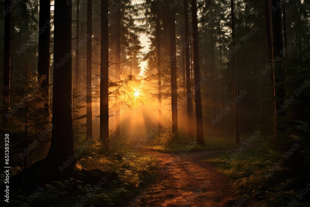 Magical sunset in the forest with the sun's rays penetrating through the trees