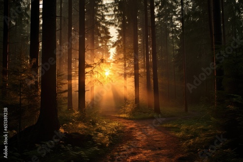 Magical sunset in the forest with the sun s rays penetrating through the trees