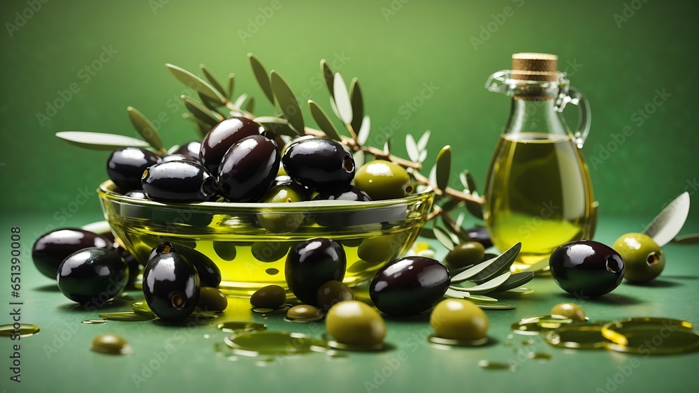 Olives and olive oil floating on a green background Olives and olive oil floating on a green background
