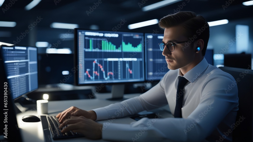 Fototapeta premium Serious male trader, financial analyst, sales manager, using portable desktop computers in the workplace