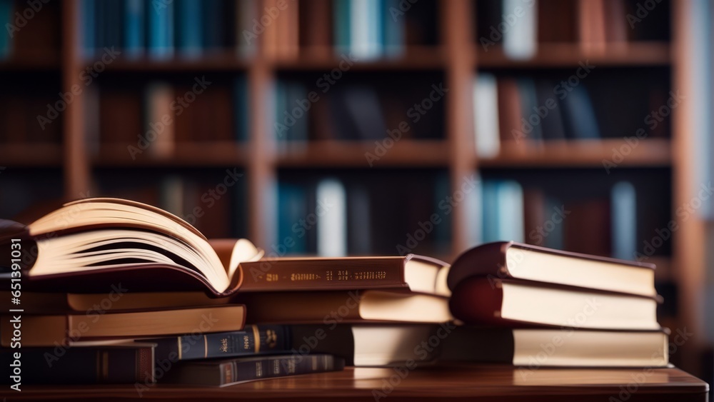 Stack of books on wooden table and blurred bookshelf in library room Stack of books on wooden table and blurred bookshelf in library room
