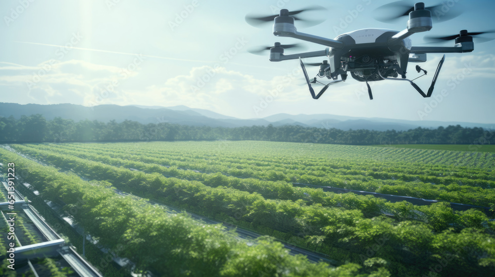 A smart farming facility using AI and drones for precision agriculture and ecological sustainability - obrazy, fototapety, plakaty 