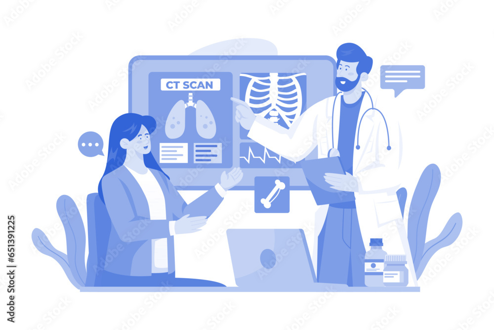 Doctor shows the results of the CT scan to the patient Doctor shows the results of the CT scan to the patient
