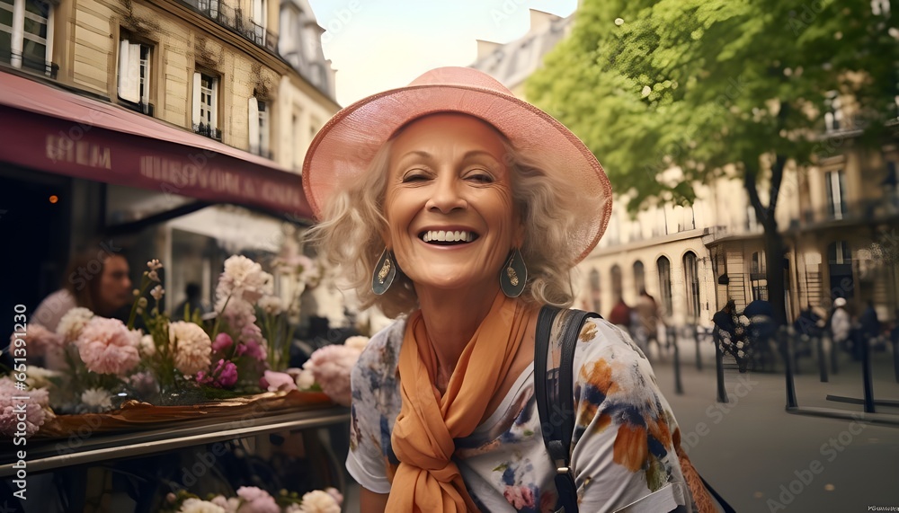 Radiant 60-year-old woman embracing joy on the enchanting streets of paris