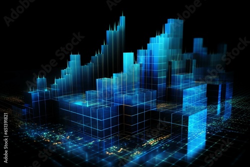 3D render of blue forex chart plummeting on dark background, signifying crisis, stock market, and loss. Generative AI photo