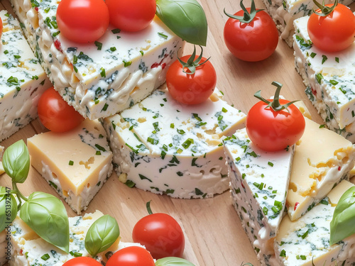 Cheese with fresh basil and cherry tomatoes on white backgournd