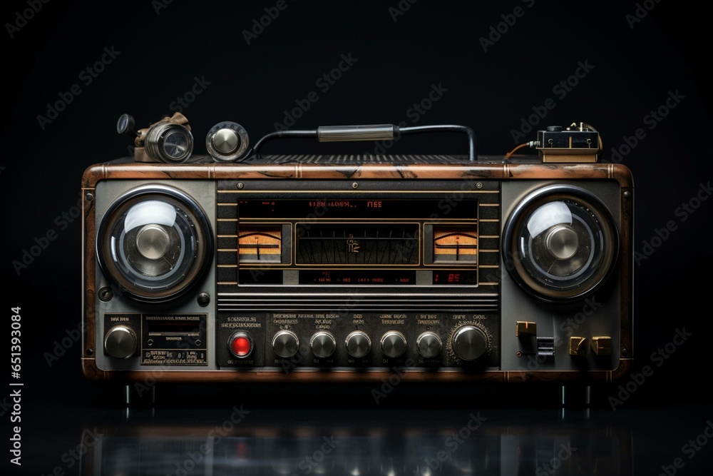 Retro audio device with cassette player and radio on a dark backdrop. Generative AI