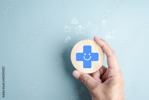 Health insurance and medical welfare concept. people hands holding plus symbol and healthcare medical icon, health and access healthcare...