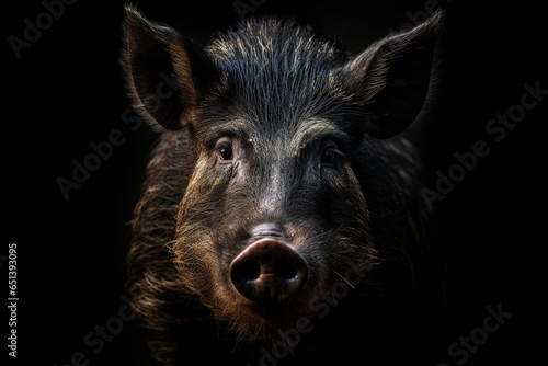 Close-up of a feral pig against a dark backdrop. Generative AI