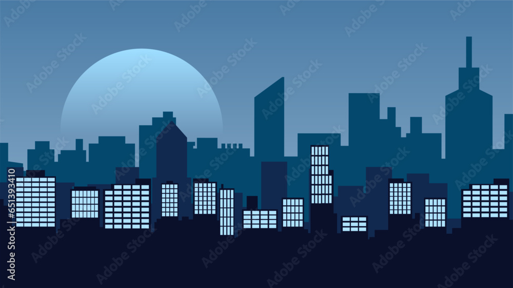 Vector illustration of cityscape. Silhouette of building skyline in the night. City landscape for background, wallpaper or landing page. Urban landscape with gradient color style