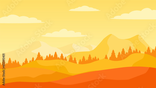 Vector illustration of meadow in autumn. Orange hills and mountains in fall season. Fall season landscape for background, wallpaper or landing page