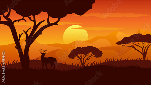 Vector illustration of savanna wildlife. Savannah landscape for background, wallpaper, or landing page. Landscape nature illustration with color gradient style. Deer in the african wildlife © Moleng