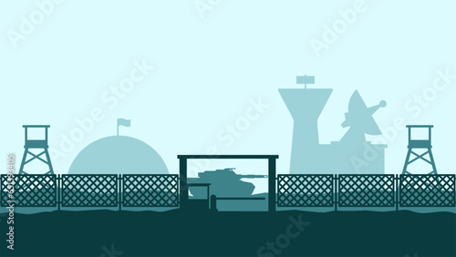 Vector illustration of military base landscape. Landscape silhouette of military base gate. Military landscape for background, wallpaper or landing page. Army training field with tank and guard post