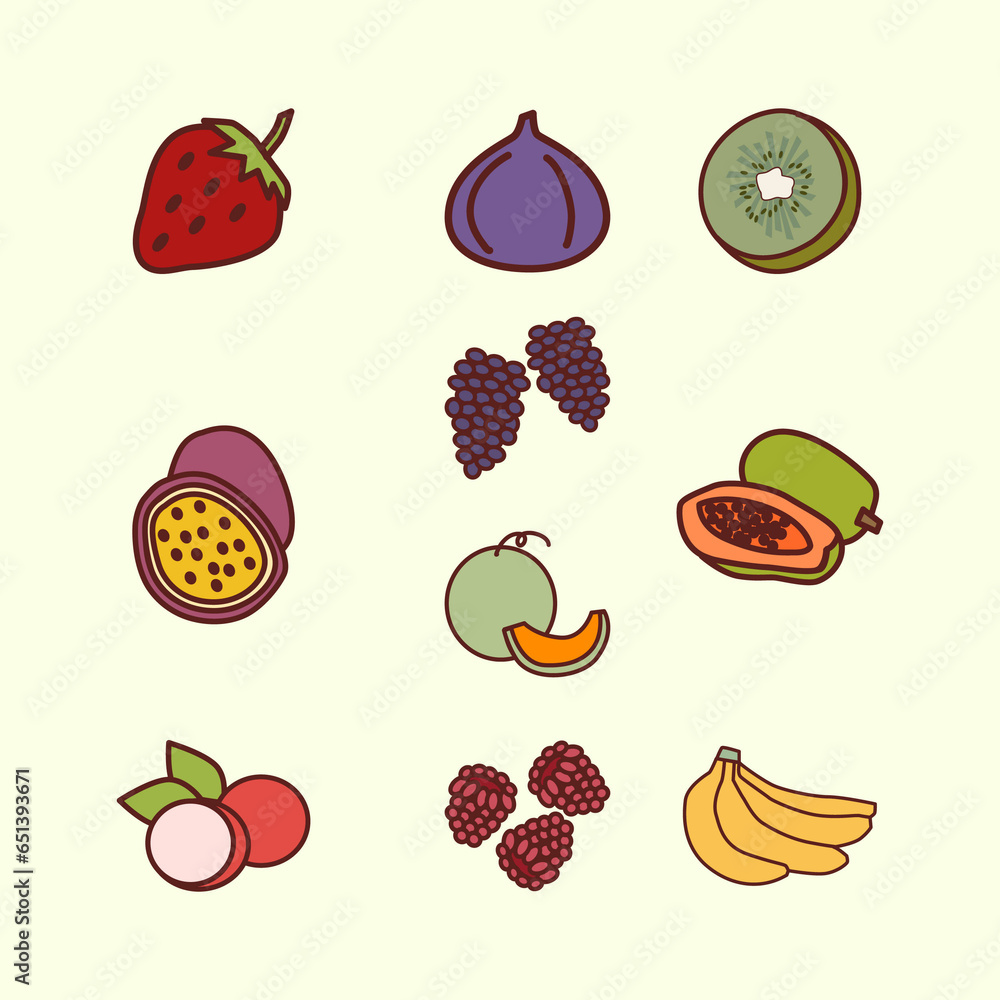 Set of Summer Fruits Cute Flat Line Illustration Set of Summer Fruits Cute Flat Line Illustration
