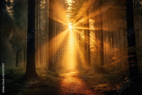 Magical sunset in the forest with the sun's rays penetrating through the trees © PinkiePie