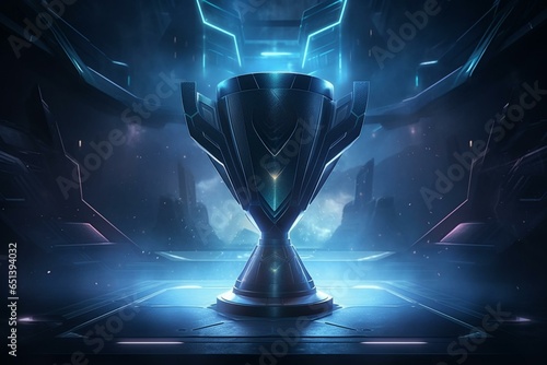 Dark trophy on futuristic background, representing e sport champion concept. Generative AI