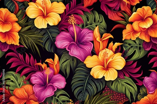 Pattern with vibrant tropical flowers and leaves. Generative AI