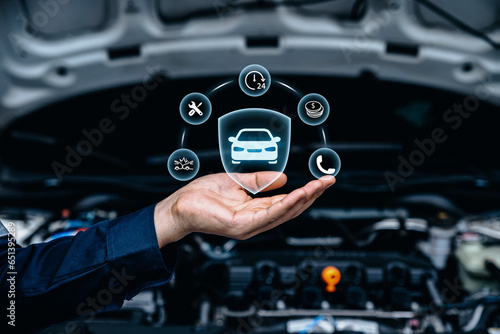 Hand of mechanic holding car icon, Car automobile insurance and car services concept.