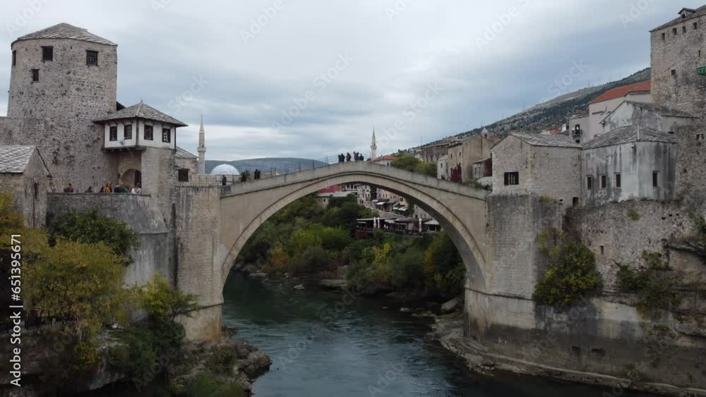 Drone flight near the historical old Mostar Bridge. Bosnia and Herzegovina, Europe Drone flight near the historical old Mostar Bridge. Bosnia and Herzegovina, Europe