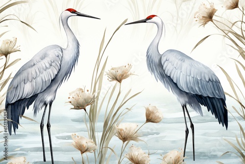 Beautiful watercolor pattern of elegant crane birds in Japanese style. Generative AI © Yara
