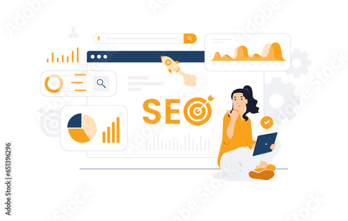 SEO, Optimized pages, Boost website, Enhance rankings keywords, Visitor traffic, analytic strategies. Dominate search engine results with back link, organic growth concept illustration