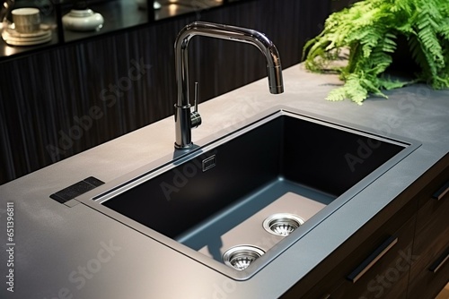 Black kitchen sink and water tap in a kitchen with built-in appliances. Domestic kitchen appliance. Generative AI