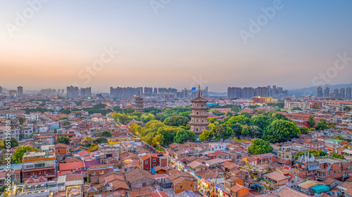Aerial photography of the East and West Twin Towers of Kaiyuan Temple and West Street of Quanzhou City, Quanzhou City, Fujian Province, China