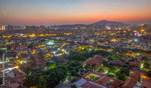 Aerial photography of the East and West Twin Towers of Kaiyuan Temple and West Street of Quanzhou City, Quanzhou City, Fujian Province, China