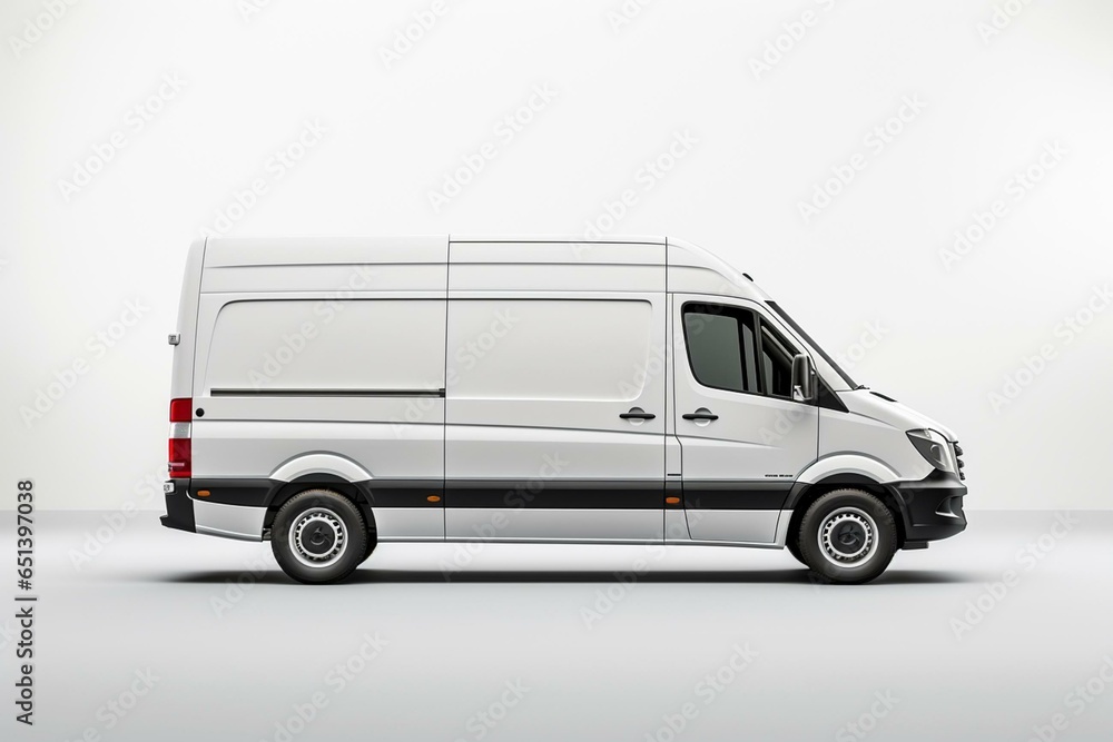 Side view of a large van against a blank white backdrop. Generative AI