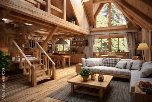Rustic and warm wooden interior in a countryside home with a spacious living room and kitchen, featuring large windows and a cozy bedroom upstairs. Generative AI © Esme