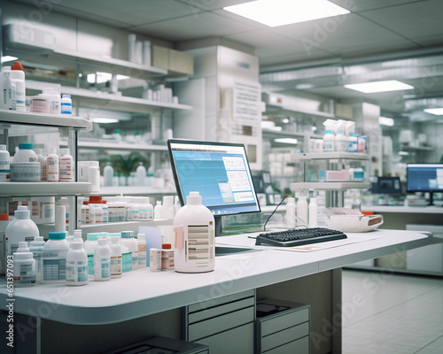 medical lab in hospital pharmacy with medicine pills and bottles generated by ai