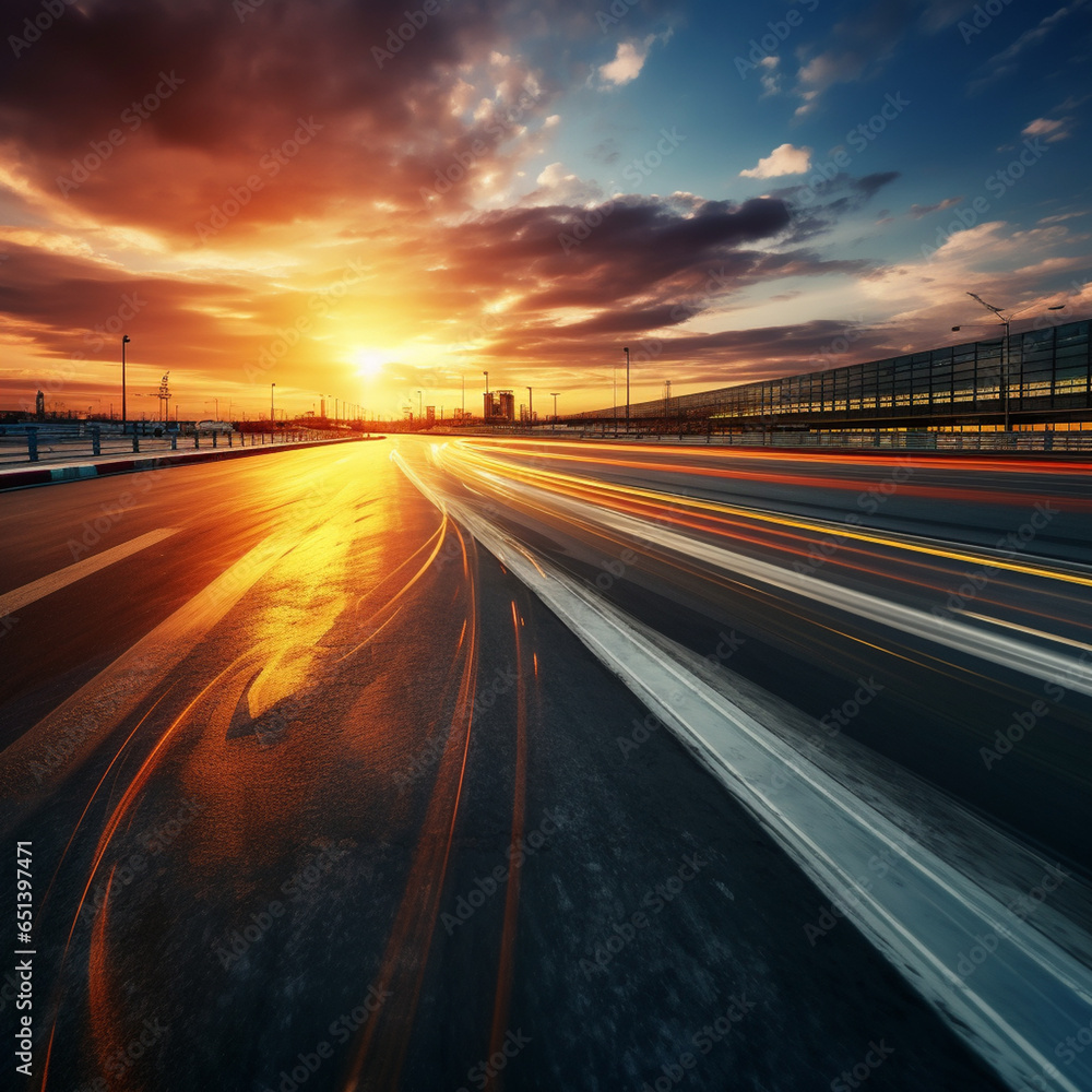 Motion blur of asphalt road at sunset Concept of speed and motion realistic 