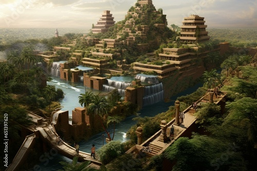 A magnificent ancient wonder, the Hanging Gardens of Babylon were terraced gardens in present-day Iraq during the 6th century BCE. Generative AI © Maria