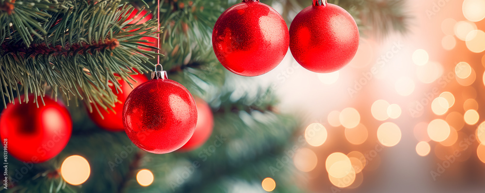 Red christmas baubles on fir tree background