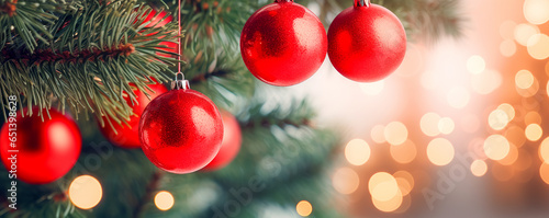 Red christmas baubles on fir tree background