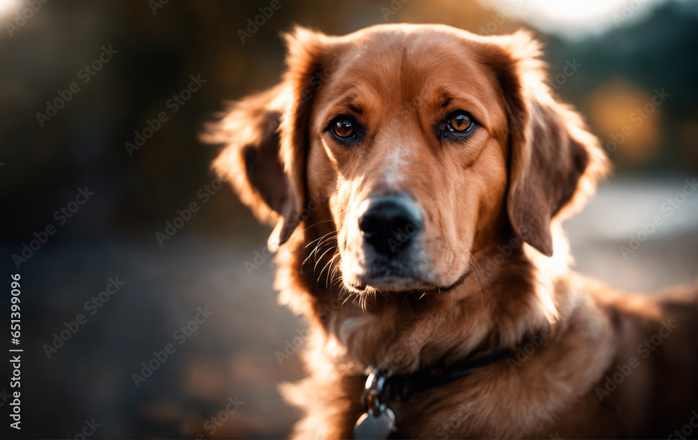 Portrait of a golden retriever dog in the evening light with a blurred background, during the day Portrait of a golden retriever dog in the evening light with a blurred background, during the day
