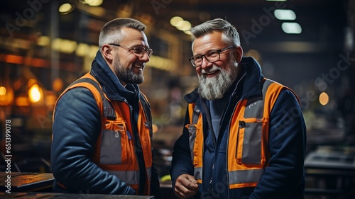 Photograph of two employees in a manufacturing facility talking together  with an industrial environment in the distance..