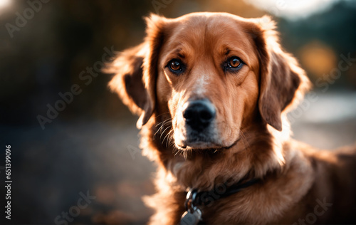 Portrait of a golden retriever dog in the evening light with a blurred background, during the day