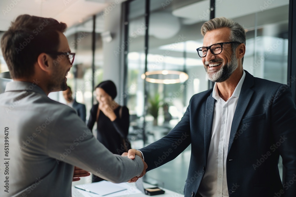 A smiling middle-aged businessman shakes hands with a partner, partnership collaboration agreement. The HR manager welcomes onboards a new worker during a job interview. A smiling middle-aged businessman shakes hands with a partner, partnership collaboration agreement. The HR manager welcomes onboards a new worker during a job interview.